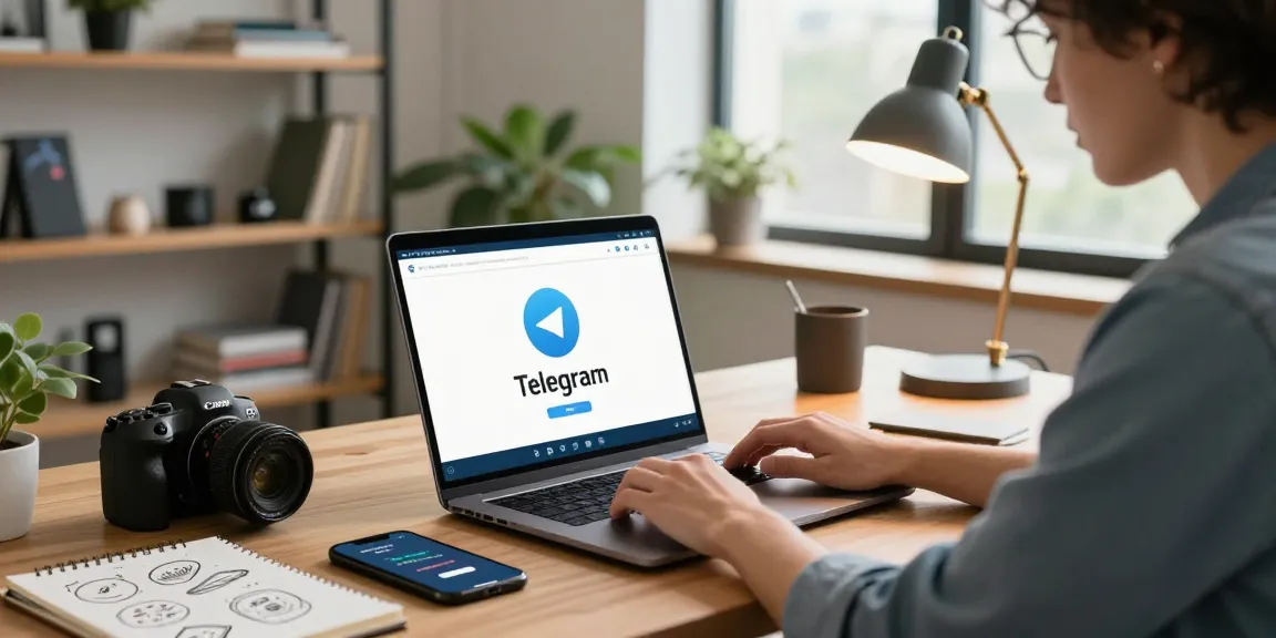 Engaging scene of a user utilizing the Telegram web version in a modern workspace with tech gadgets and a stylish desk.