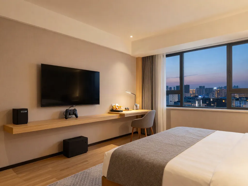 Cozy ROKOK88 hotel room with gaming setup and inviting decor.