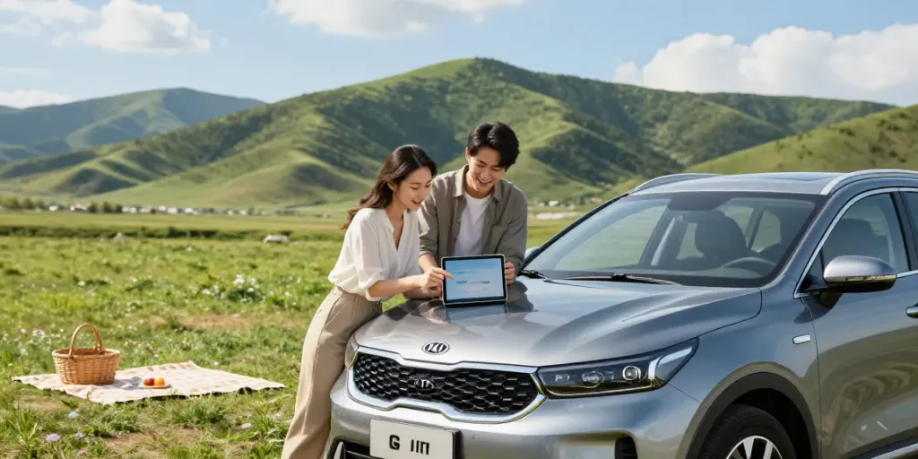 Noleggio lungo termine Kia in un paesaggio suggestivo con una coppia che discute le opzioni di leasing.