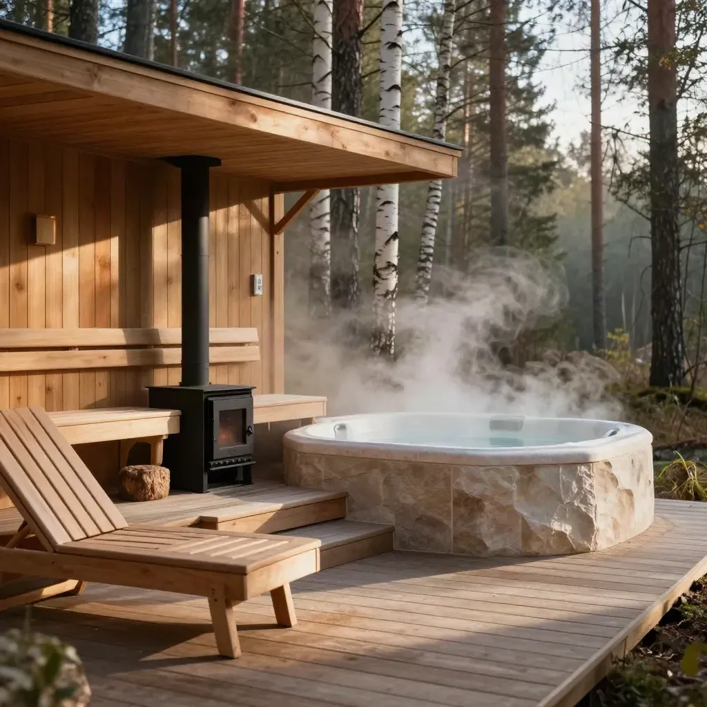 Area benessere con sauna in cedro, vasca calda fumante e lettini tra gli alberi