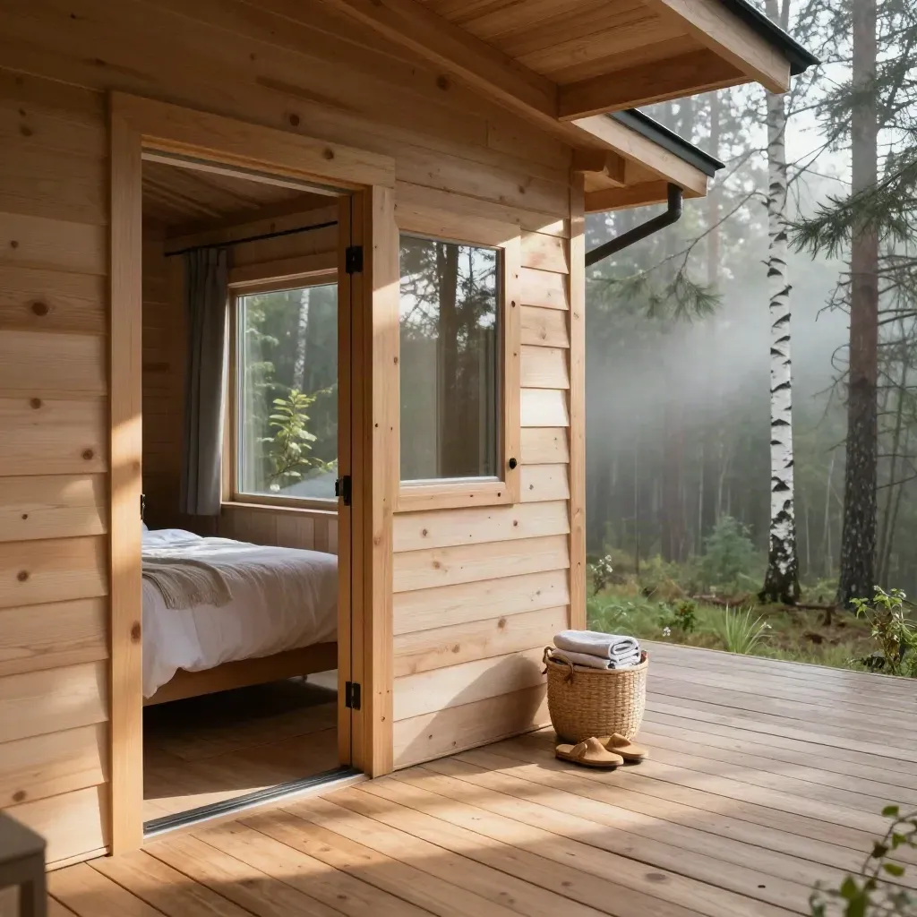 Cabina eco-lodge in legno chiaro con letto rifatto, veranda e bosco umido fuori.