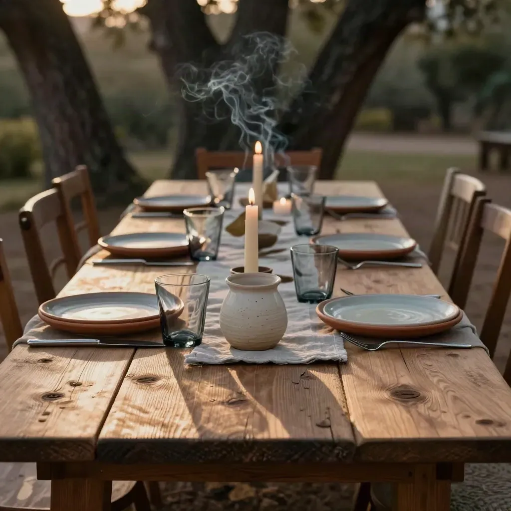 Tavola intima all’aperto tra gli alberi, candele accese, ceramiche grezze e sedie allineate.