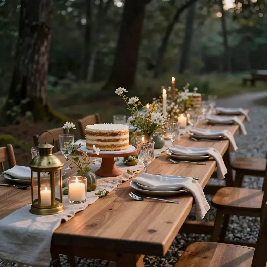 Tavolo di compleanno nel bosco, già pronto con torta, candele, lanterne e fiori bassi.