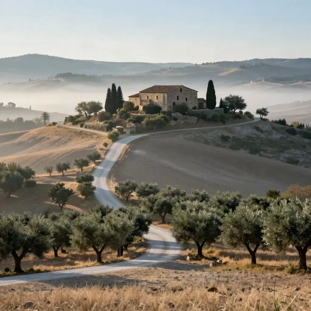 Colline toscane all'alba con cipressi, casale in pietra e bruma morbida sulle campagne.