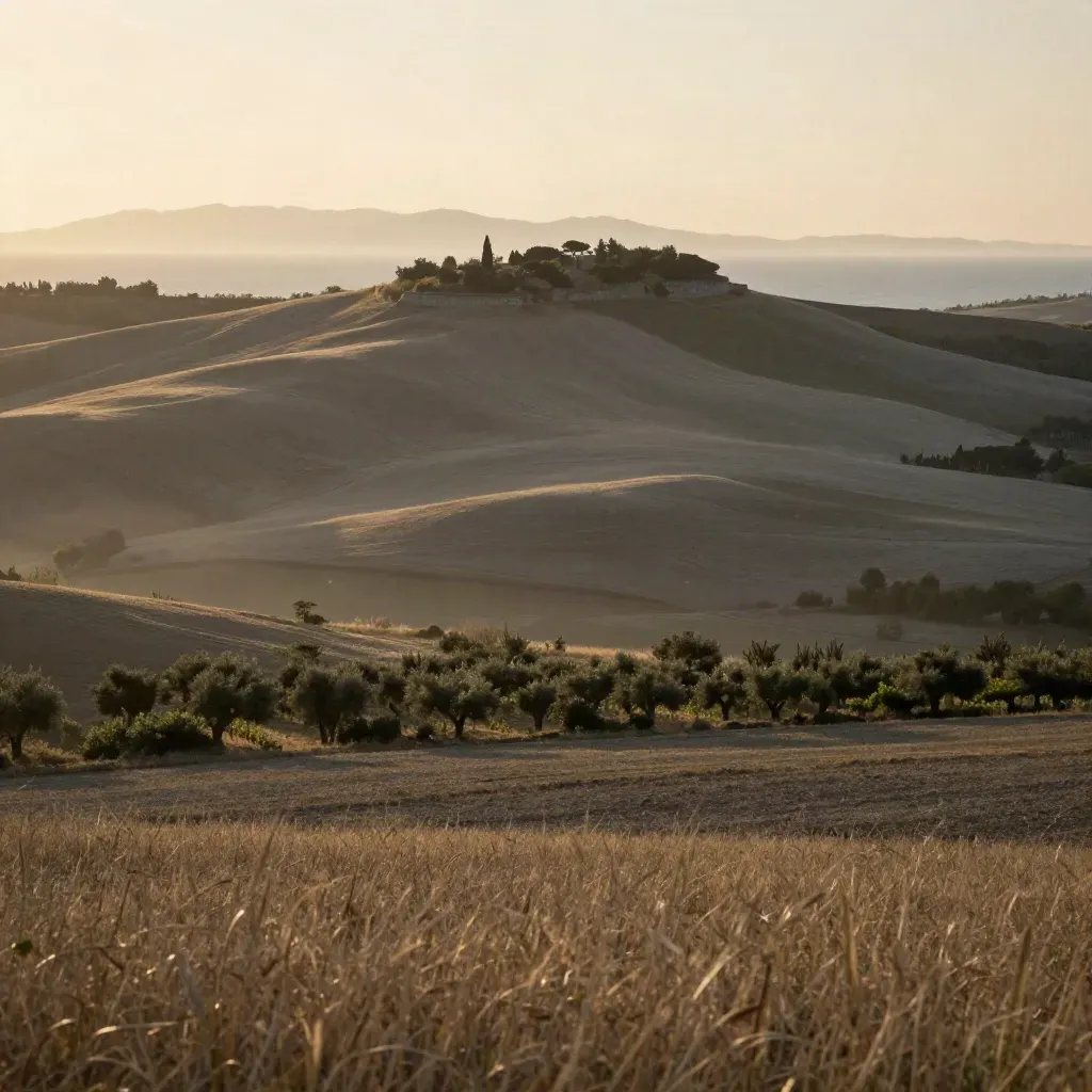 Colline marchigiane al tramonto con campi ondulati e mare lontano nella foschia