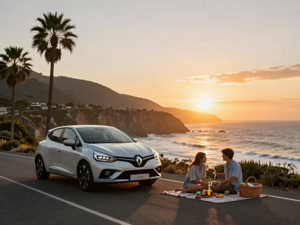 Noleggio lungo termine Renault Clio in un pittoresco scenario costiero durante il tramonto, con giovani che fanno un picnic accanto all'auto.