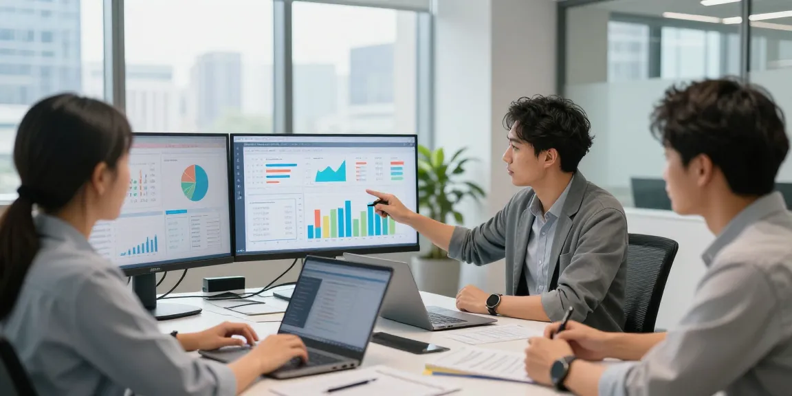 Energy analysts reviewing half hourly meter data in a modern corporate office, showcasing insights and collaboration.